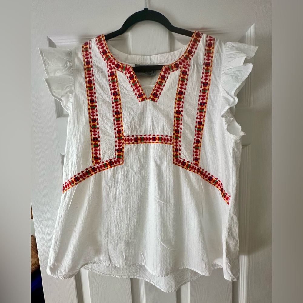 White and Red Embellished Flutter Sleeve Blouse